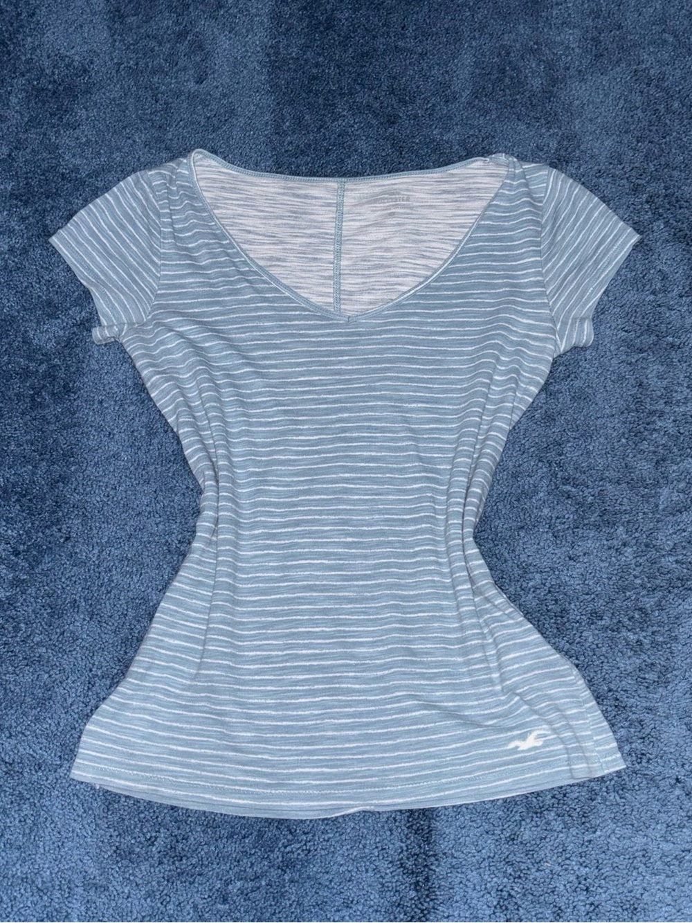 Hollister Light Blue & White Striped V-Neck Tee